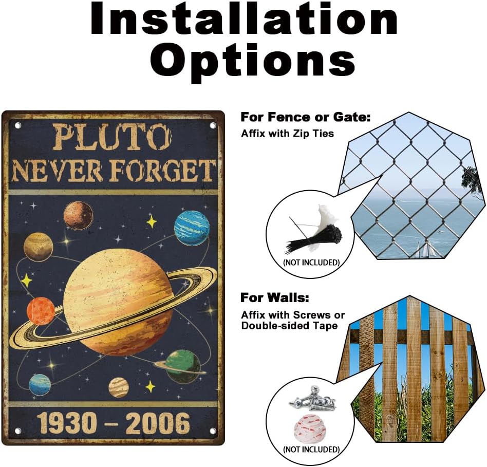 Pluto Never Forget Wall Decor Retro Planet Poster Vintage Tin Metal Sign for Home Room Man Cave Garage Wall Decoration 8 x 12 Inch