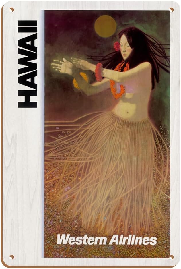 Pacifica Island Art Hawaii - Hula Dancer - Western Airlines - Vintage Hawaiian Travel Poster c.1960s - 8 x 12 inch Vintage Metal Tin Sign