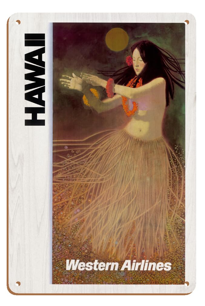 Pacifica Island Art Hawaii - Hula Dancer - Western Airlines - Vintage Hawaiian Travel Poster c.1960s - 8 x 12 inch Vintage Metal Tin Sign
