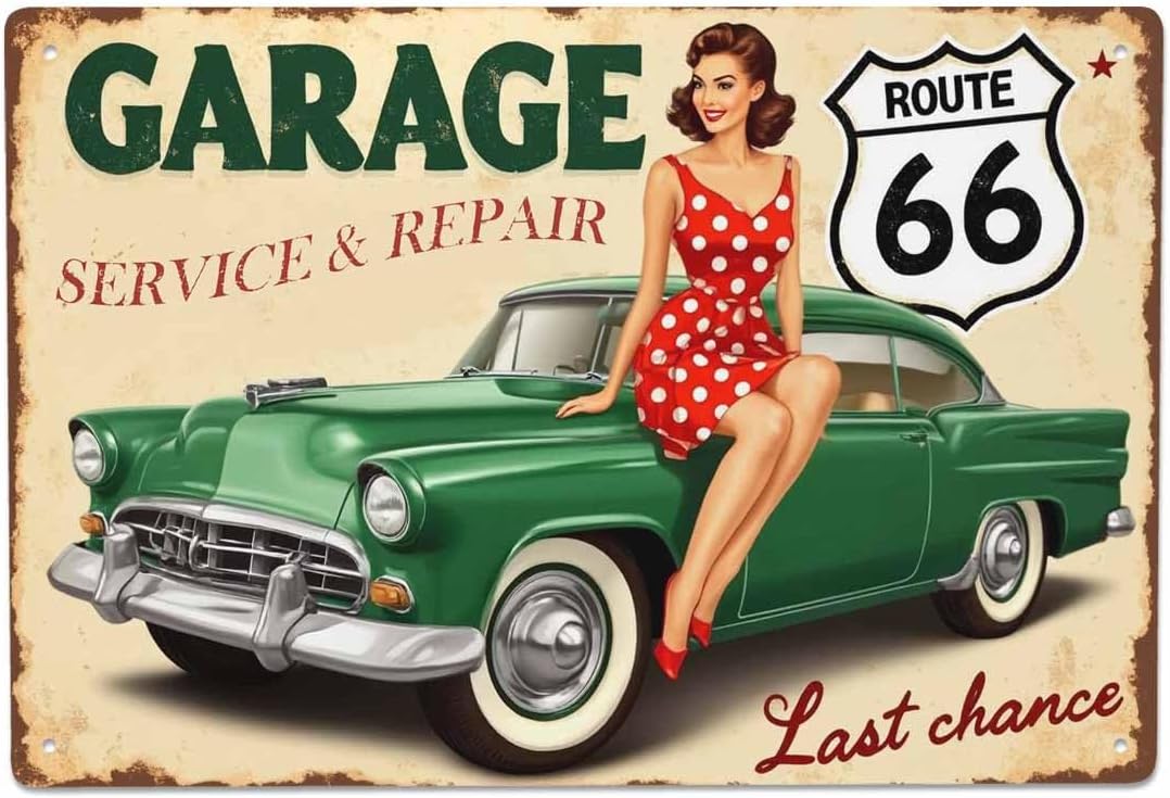 AOYEGO Pin Up Tin Sign,Route 66 Garage Service Repairs Women Sit On The Green Car Vintage Metal Tin Signs for Cafes Bars Pubs Shop Wall Decorative Funny Retro Signs for Men Women 8x12 Inch