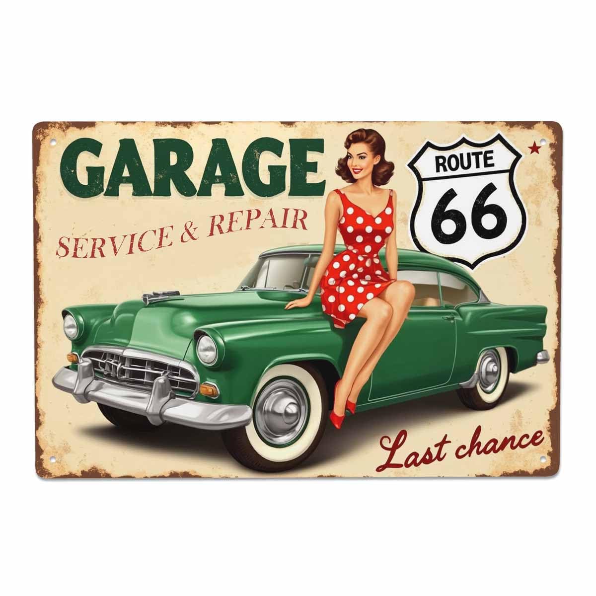AOYEGO Pin Up Tin Sign,Route 66 Garage Service Repairs Women Sit On The Green Car Vintage Metal Tin Signs for Cafes Bars Pubs Shop Wall Decorative Funny Retro Signs for Men Women 8x12 Inch