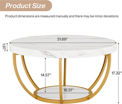 Tribesigns Modern Round Coffee Table, 2 Tier Coffee Table with Faux White Marble and Golden Metal Legs, Circle Center Table Tea Table Accent Furniture for Living Room, White and Gold