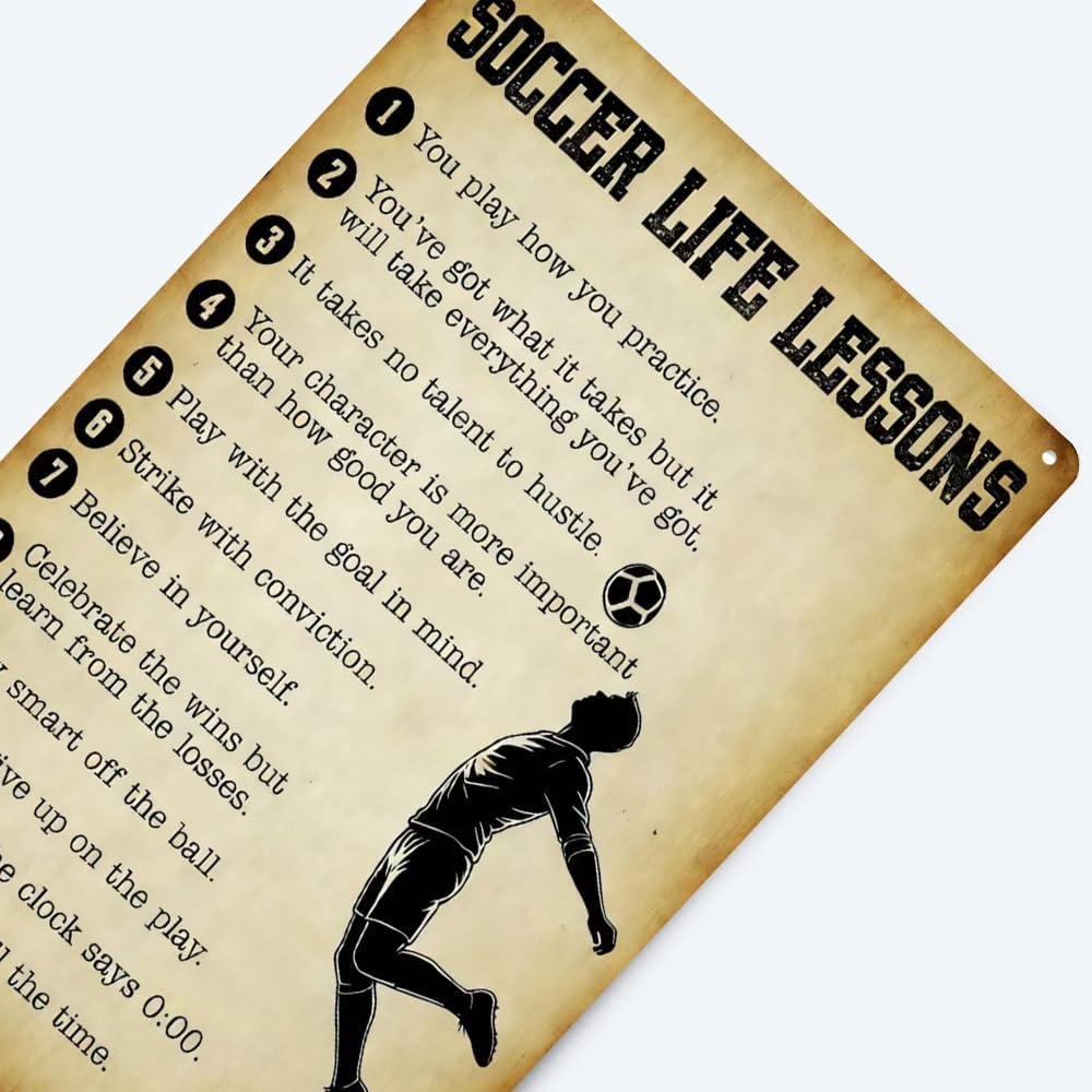 tosles Soccer Poster - Vintage Metal Tin Sign Motivational Wall Art with Inspirational Quotes, Soccer Life Lessons Gift for Men, Dad, Teen - Man Cave, Bedroom, Office Decor - 8x12 Inch