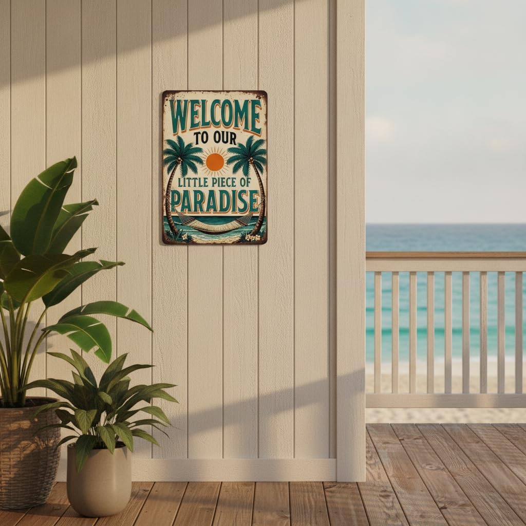 Welcome to Our Little Piece of Paradise Tin Sign, Vintage Tropical Metal Wall Decor, 8x12 Inch, for Beach House, Patio, Bar, Outdoor