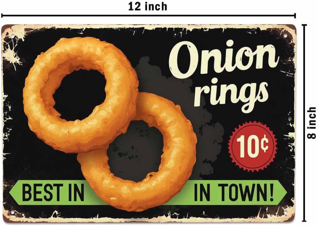 AOYEGO Onion Rings Tin Sign,Restaurant Fast Delicious Food Best in Town Black Vintage Metal Tin Signs for Cafes Bars Pubs Shop Wall Decorative Funny Retro Signs for Men Women 8x12 Inch