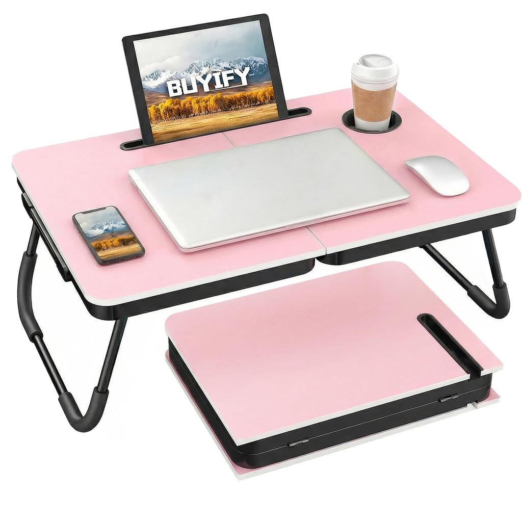 BUYIFY Foldable Laptop Bed Desk for Couch, Sofa - Large Lap Desk Tray Table with Cup Holder and Tablet Slot - Portable Notebook Stand for Eating, Writing, Studying and WFH -NEW-006-USA Original Patent