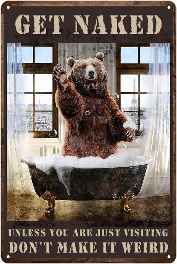 Bear Bathroom Decor Funny Bear Cabin Wall Art Mountain Bathroom Accessories Rustic Bear Pictures Wall Decor Metal Tin Sign Drinking Water Wall Art Decor 8x12 Inch