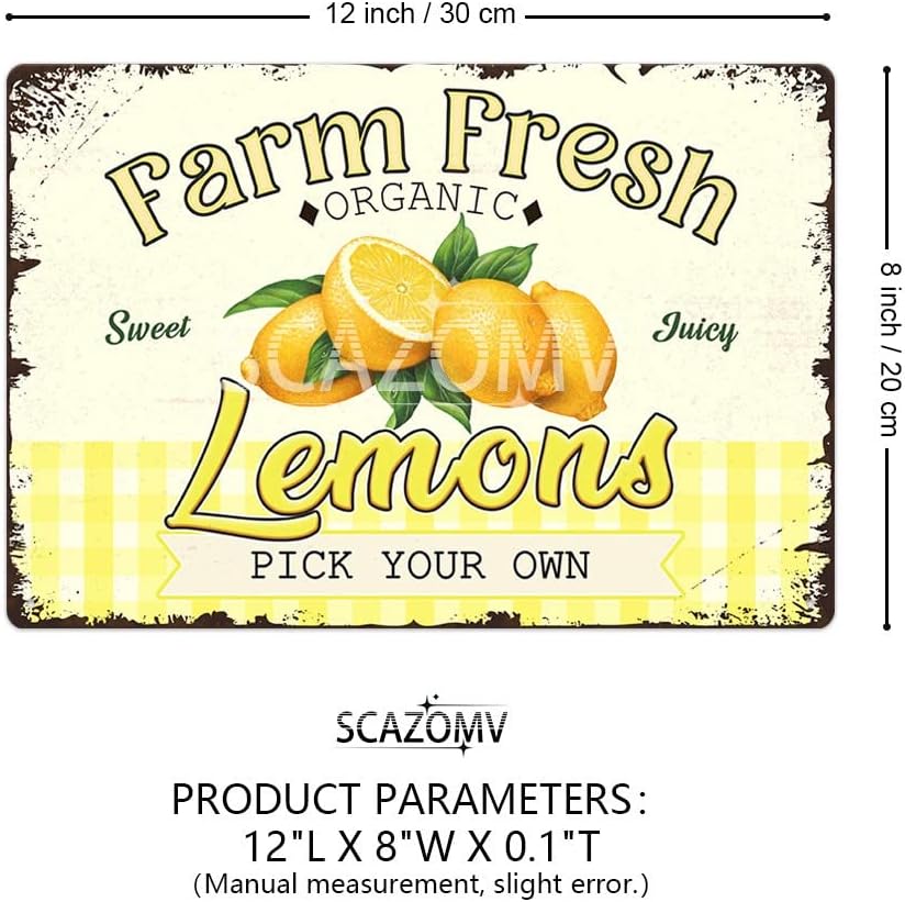 Farm Fresh Sweet Juicy Lemons Vintage Metal Tin Sign, Retro Fruit Poster Decorative Wall Art Signage, Farmhouse Country Market Kitchen Bar Home Decor, 12" X 8"