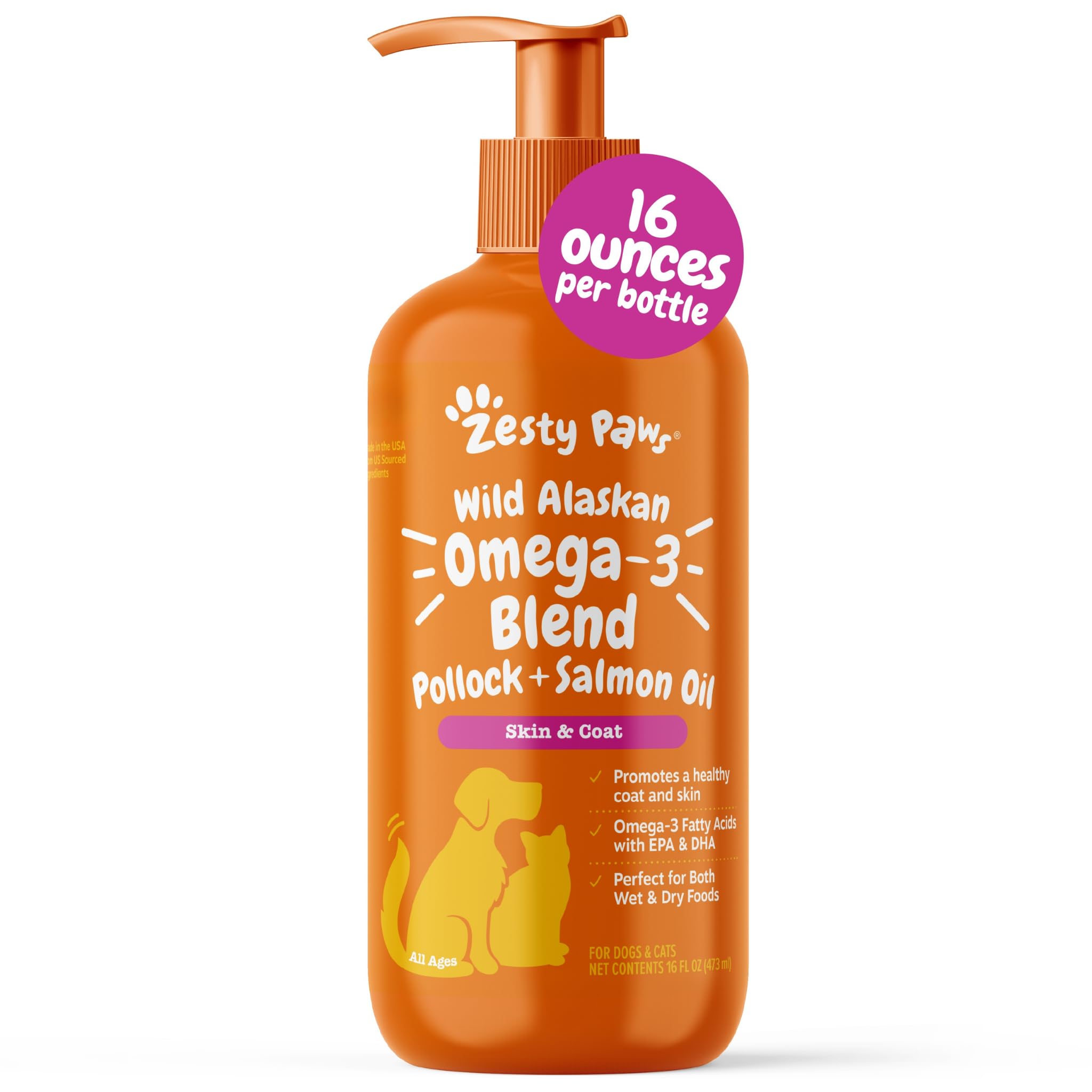 Zesty Paws Wild Alaskan Omega-3 Blend Pollock + Salmon Oil for Dogs and Cats- Skin and Coat Support, Omega 3 Supplement for Pets, 32oz