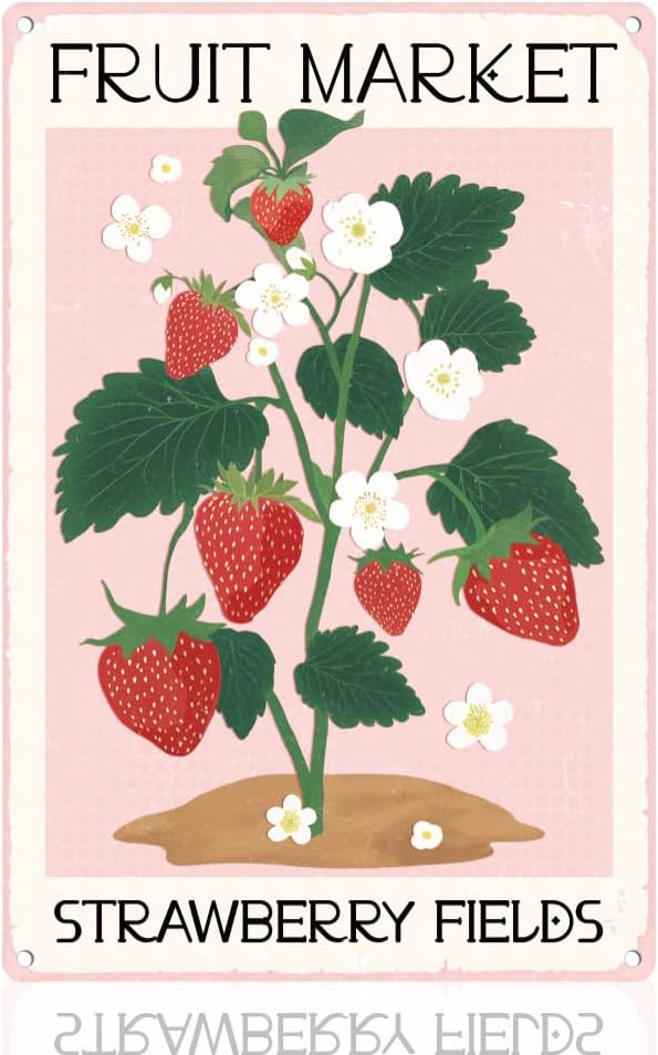Strawberries Fields Retro Wall Decor Metal Tin Sign 8" x 12" Farm Fruit Market Vintage Wall Art Poster for Farmhouse Barn Garden Outdoor Clubs Room Home Coffee Cafes Decor Gift