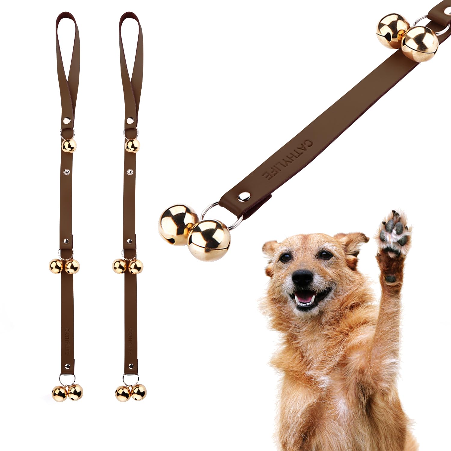 Leather Dog Doorbells for Door Knob, Adjustable Brass Potty Training Bells for Puppy to Go Outside, Easy Dog Door Bell for Potty Training