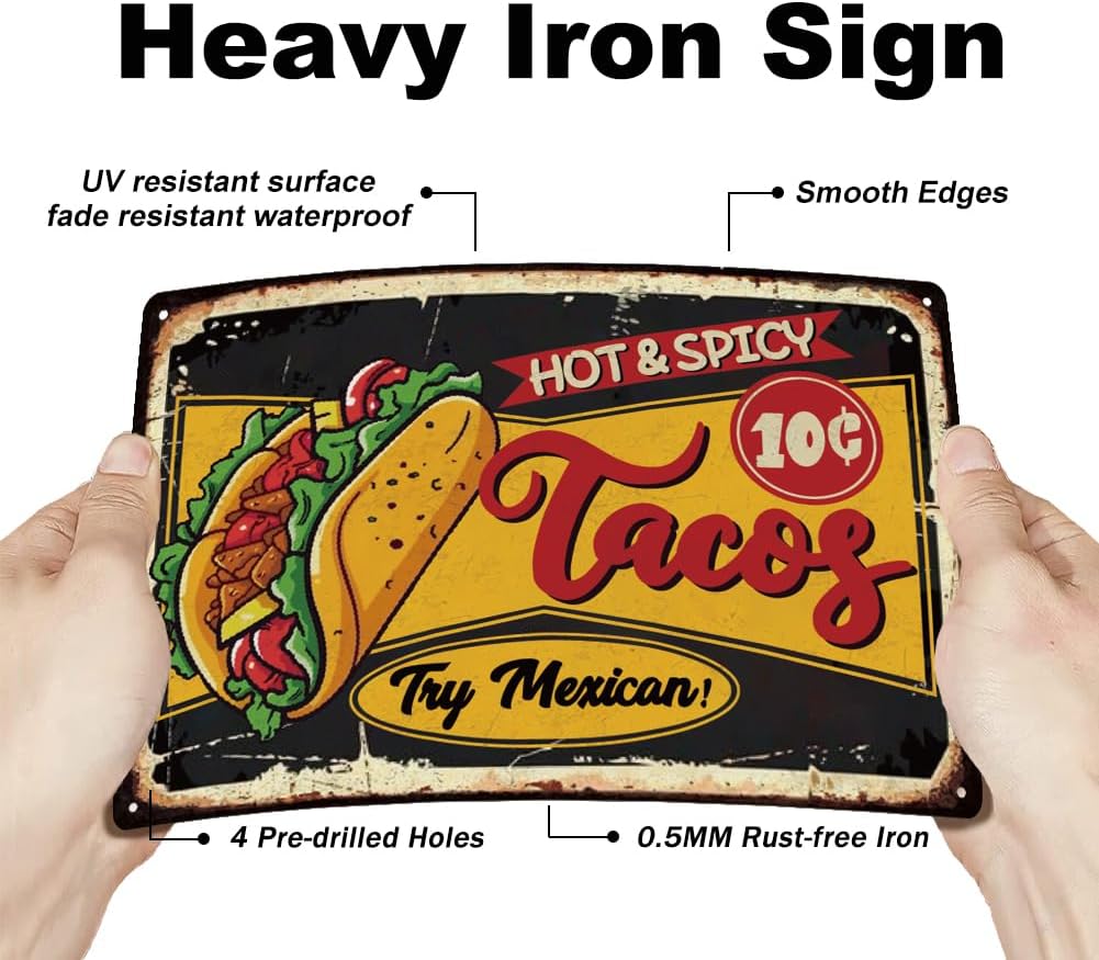 SUPERDANT Tacos Tin Signs Hot and Spicy Mexican Cuisine Metal Sign Poster Fast Food Vintage Wall Art Plaque Food Trucks Wall Decor for Mexican Restaurants Kitchen Bars Man Cave Garage Decoration Gift