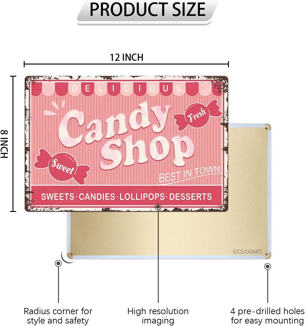 Candy Shop Tin Signs Sweets Candies Lollipops Desserts Store Vintage Poster Metal Sign Art Wall Decor for Home Kitchen Bar Cafe Retro Pink Hanging Plaque 8X12 Inch