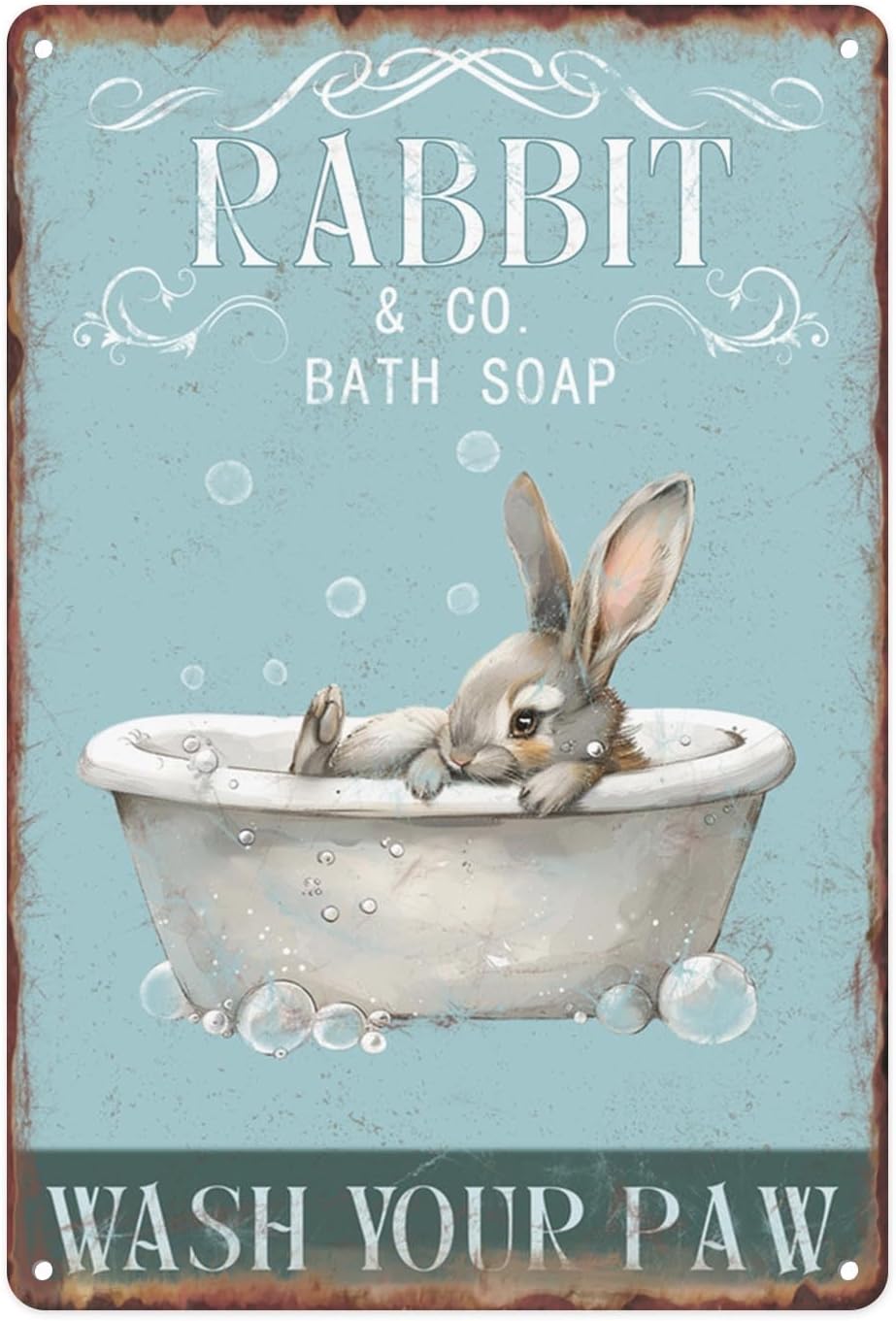 Wash Your Paws Bathroom Metal Sign Cute Rabbit Bath Soap Tin Sign For Office Toilet Bathroom Restroom Door Bar Hotel Club Plaque Guest Wall Decor Vintage Style Art Painting 12 X 8 Inch