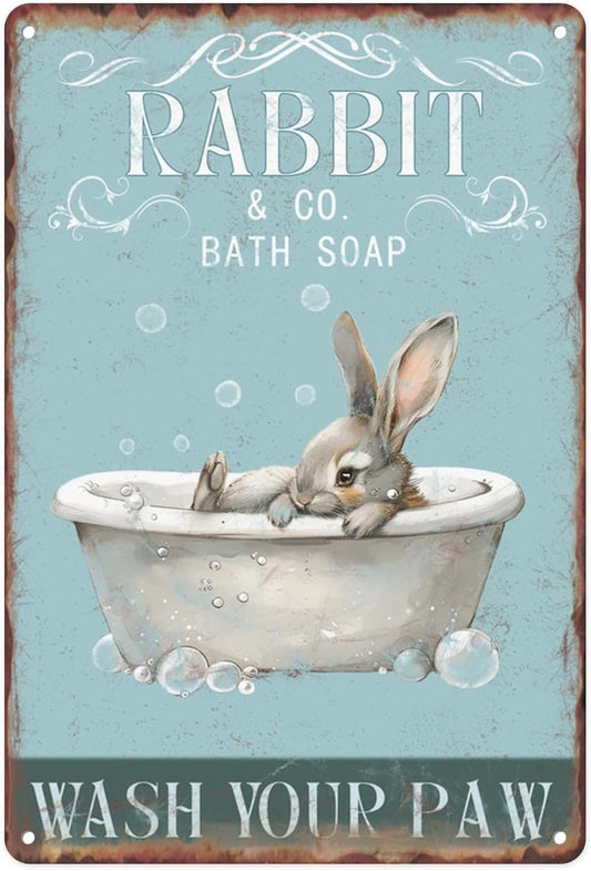 Wash Your Paws Bathroom Metal Sign Cute Rabbit Bath Soap Tin Sign For Office Toilet Bathroom Restroom Door Bar Hotel Club Plaque Guest Wall Decor Vintage Style Art Painting 12 X 8 Inch