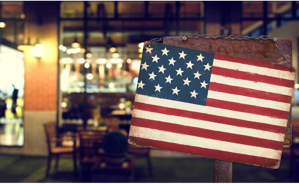 AOYEGO American Flag Tin Sign,USA Flag Red Blue Vintage Metal Tin Signs for Cafes Bars Pubs Shop Wall Decorative Funny Retro Signs for Men Women 8x12 Inch