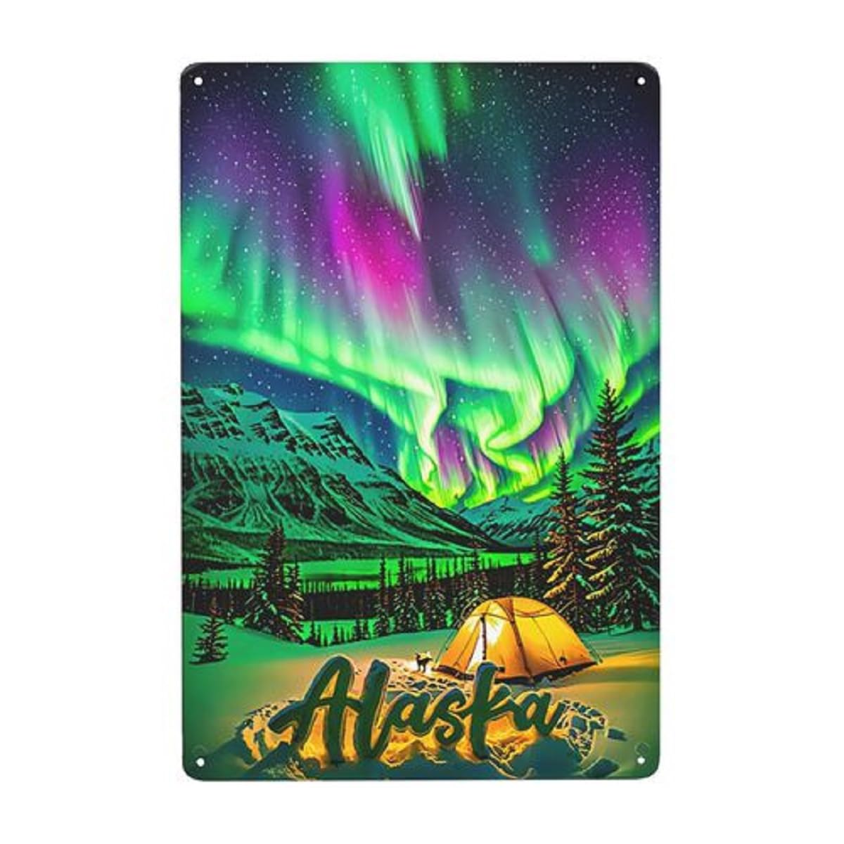 Alaska Retro Metal Wall Art Sign - Rustic Vintage Northern Lights & Mountain Landscape Design, Durable Iron Garage Bar Kitchen Office Decor, 8x12 Inch No Electricity Needed, Nordic Home Decor
