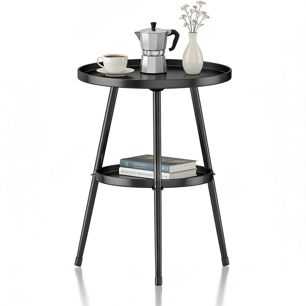Small Round Side Table Metal End Table Outdoor Black Side Table Mid-Century Modern Accent Table for Office Bedroom Balcony and Small Spaces.