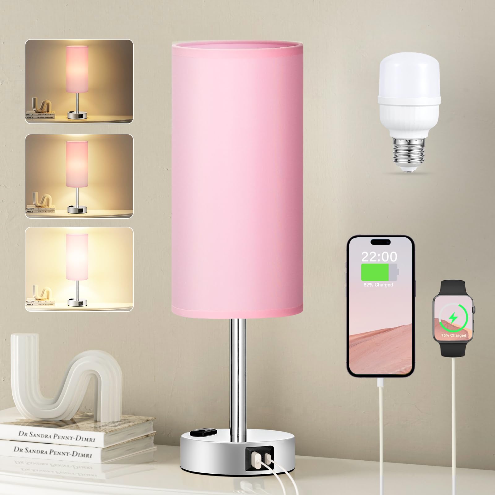 Fenmzee Bedside Table Lamp for Bedroom - 3 Way Dimmable Touch Lamp USB C Charging Ports and AC Outlet, Small Lamp Wood Base Round Flaxen Fabric Shade for Living Room, Desk, LED Bulb Included