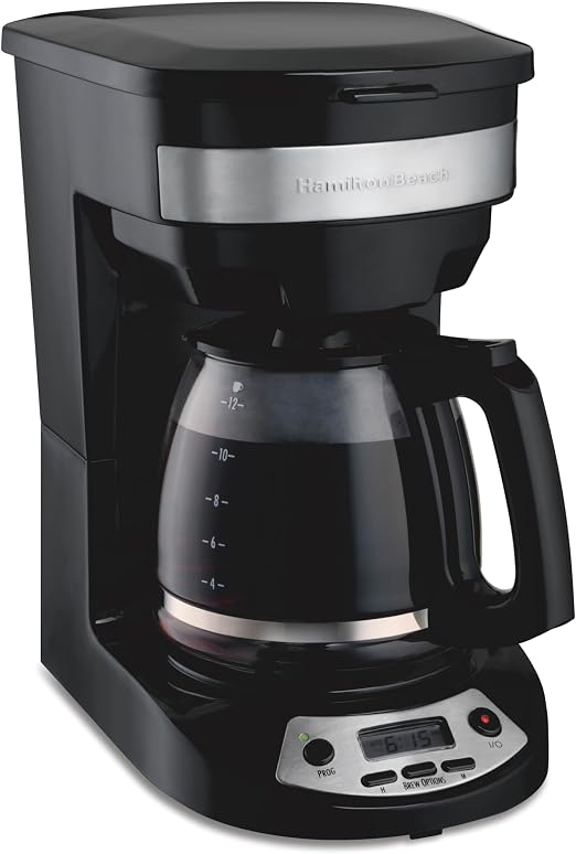 Hamilton Beach 12 Cup Programmable Drip Coffee Maker Machine, Regular & Bold Brew Options, Auto Pause and Pour, Glass Carafe, Black with Stainless Accents (46299J)