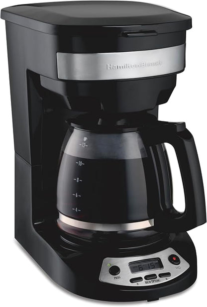 Hamilton Beach 12 Cup Programmable Drip Coffee Maker Machine, Regular & Bold Brew Options, Auto Pause and Pour, Glass Carafe, Black with Stainless Accents (46299J)