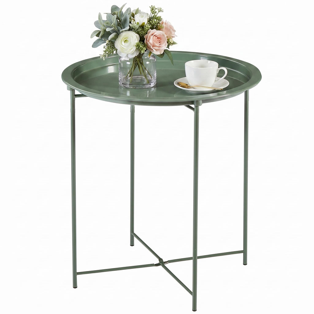 VECELO Side/End Table, Folding Round Metal Anti-Rust and Waterproof Outdoor or Indoor Tray for Living Room Bedroom Balcony and Office, 2 PCS, Dark Green