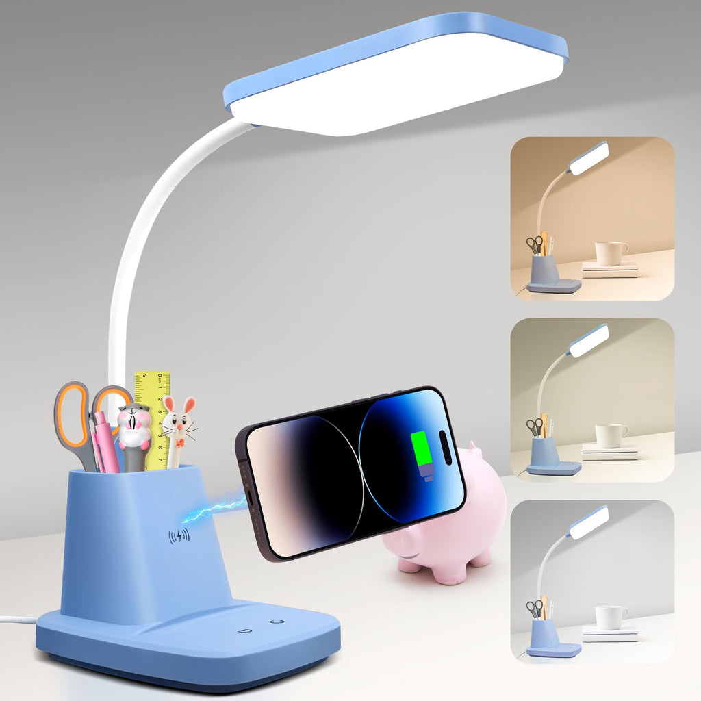 Desk Lamp, LED Desk Lamps for Home Office, Wireless Charger Small Desk Lamp with Pen Holder, 3 Color Modes, Dimmable, CRI 85, 800LM, Study Lamps for College Dorm Room, Adapter Included, Black