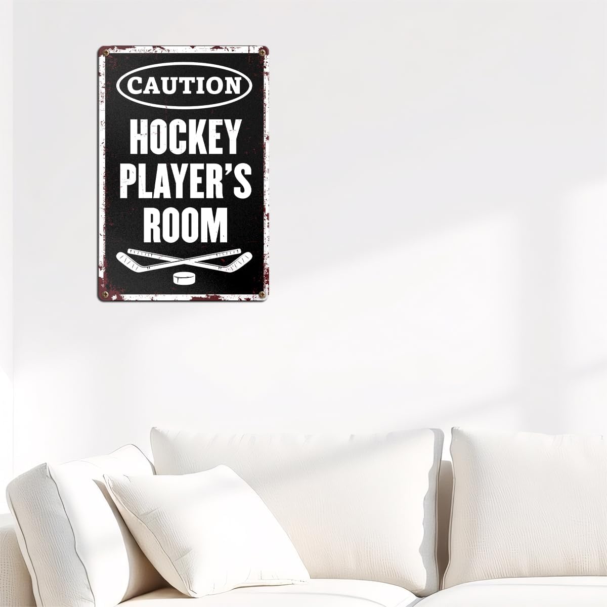 Hockey Gifts for Boys 8-12 Hocky Metal Sign Room Decor Vintage "Caution Hockey Player's Room" Tin Sign for Boys Room and Bedroom Man Cave Wall Art Sports Decor 8x12 Inch