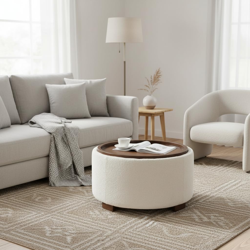 Zihanhome 30 Inch Round Storage Ottoman Coffee Table, Modern Boucle Ottoman with Lift-Off Lid and Solid Wood Legs for Living Room, Bedroom, Corners, Apartments (Beige)