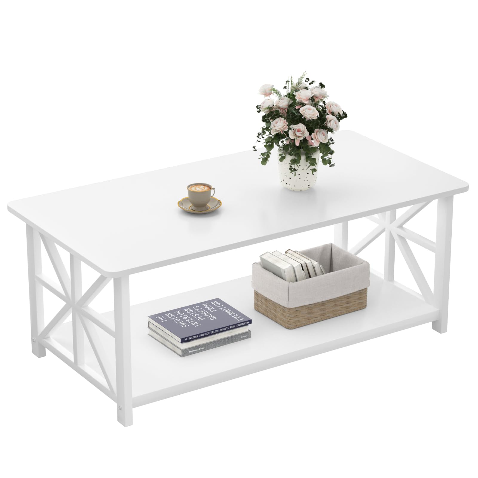 GreenForest Coffee Table for Living Room with Round Corners Farmhouse Style Center Table with Storage Shelf 39 Inch Space Saving Easy Assembly Gray Wash | for Living Room