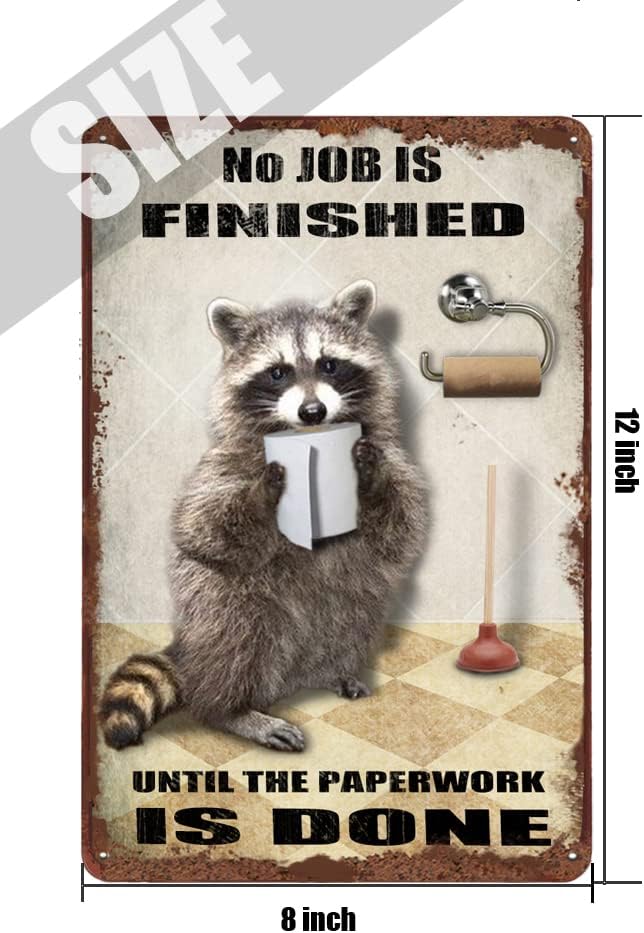Vintage Tin Sign - Raccoon Bathroom Wall Decor - Rustic Metal Sign - 12x8 Inch - Funny Animal Sign for Home, Bathroom, Pub, Gift