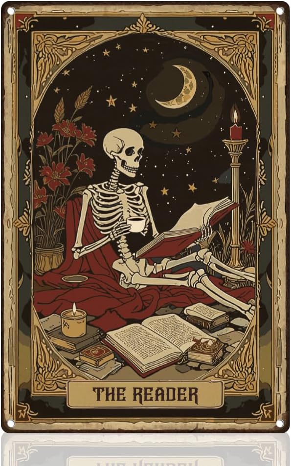 Skeleton Reader Tin Sign Retro Metal Wall Decor 8" x 12" Vintage The Reader Tarot Halloween Vintage Wall Art Poster for Home Library Cafe Reading Room Classroom Decor Gift
