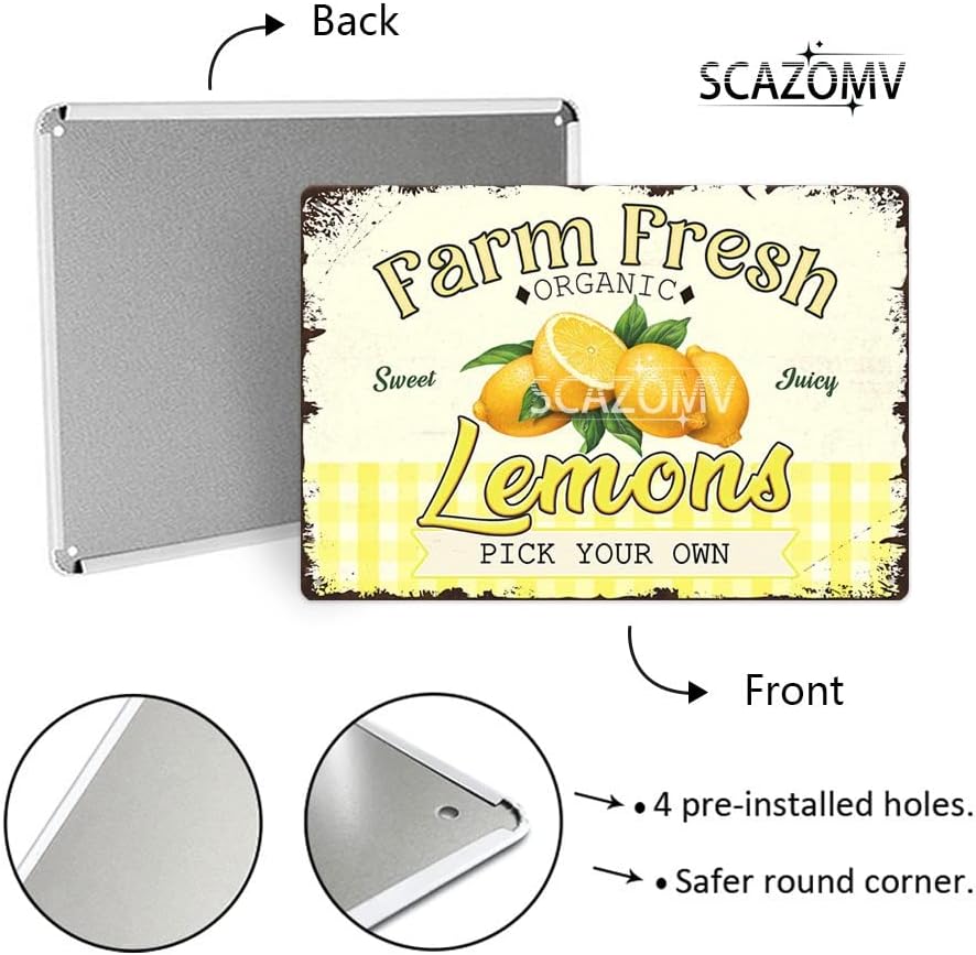 Farm Fresh Sweet Juicy Lemons Vintage Metal Tin Sign, Retro Fruit Poster Decorative Wall Art Signage, Farmhouse Country Market Kitchen Bar Home Decor, 12" X 8"