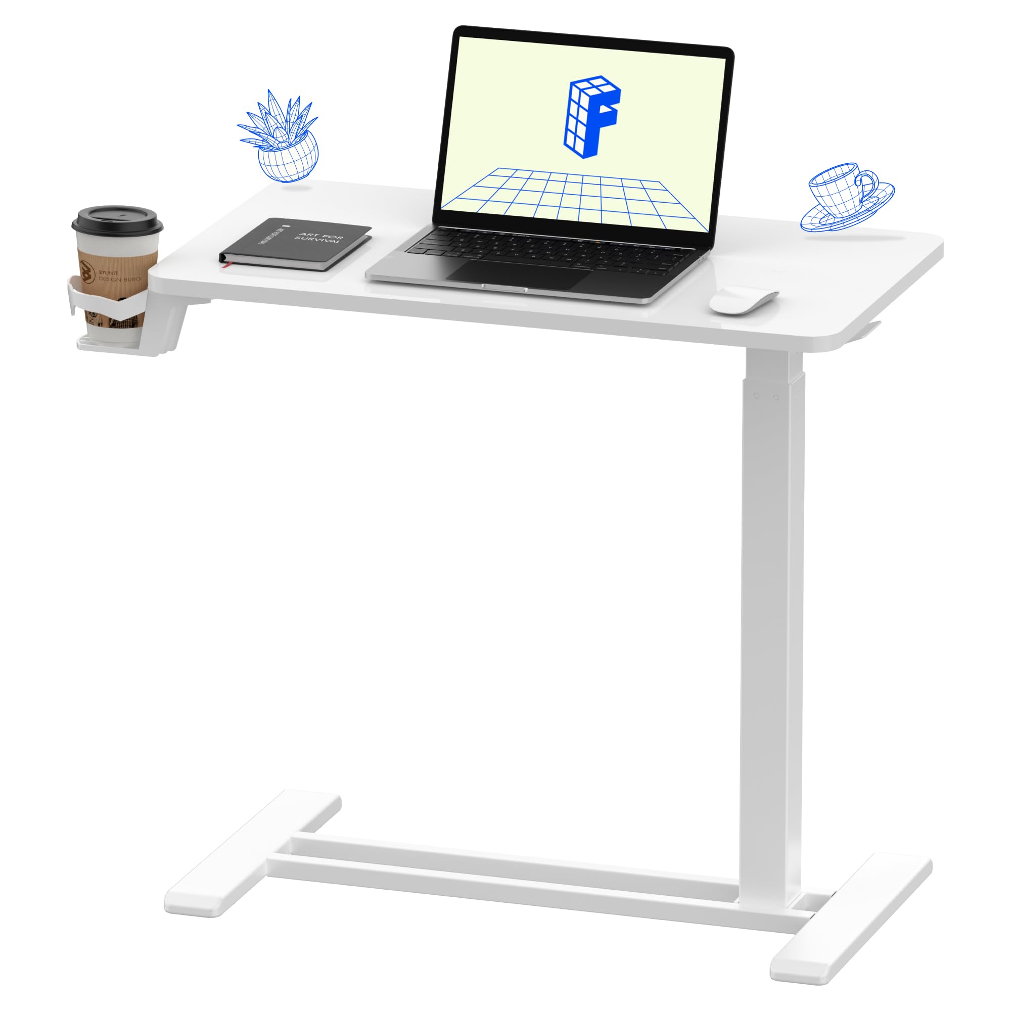FLEXISPOT H7 Adjustable Overbed Bedside Table with Wheels Pneumatic Mobile Standing Laptop Desk Rolling Computer Cart Movable Overbed Table Hospital Home Use (31.5" W x 17.7" D, White Maple Large)