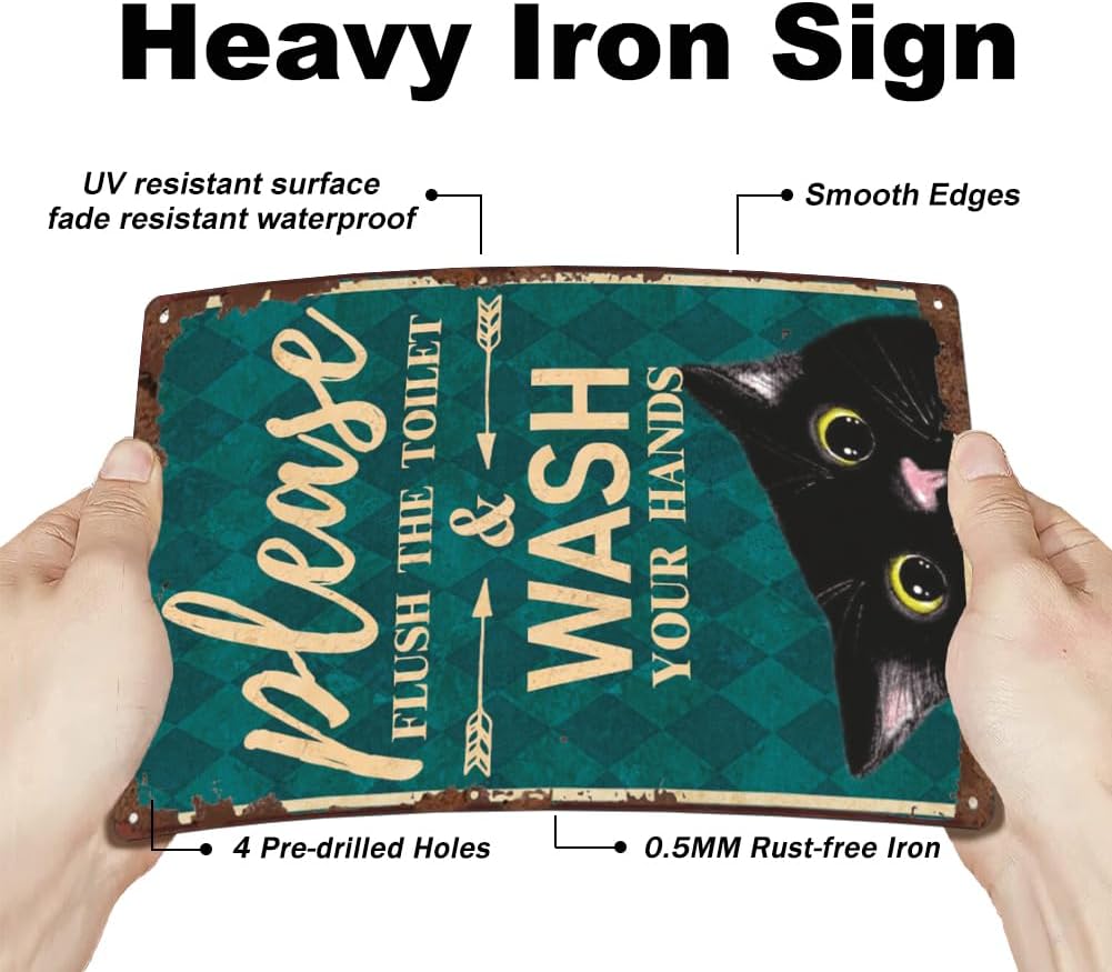 SUPERDANT Cat Toilet Metal Tin Sign Flush the Toilet Metal Signs Wash Your Hand Bathroom Plaque Iron Wall Art Poster Old Fashion Aluminum Sign for Home Bathroom Toilet Decor