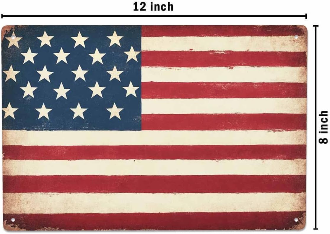 AOYEGO American Flag Tin Sign,USA Flag Red Blue Vintage Metal Tin Signs for Cafes Bars Pubs Shop Wall Decorative Funny Retro Signs for Men Women 8x12 Inch