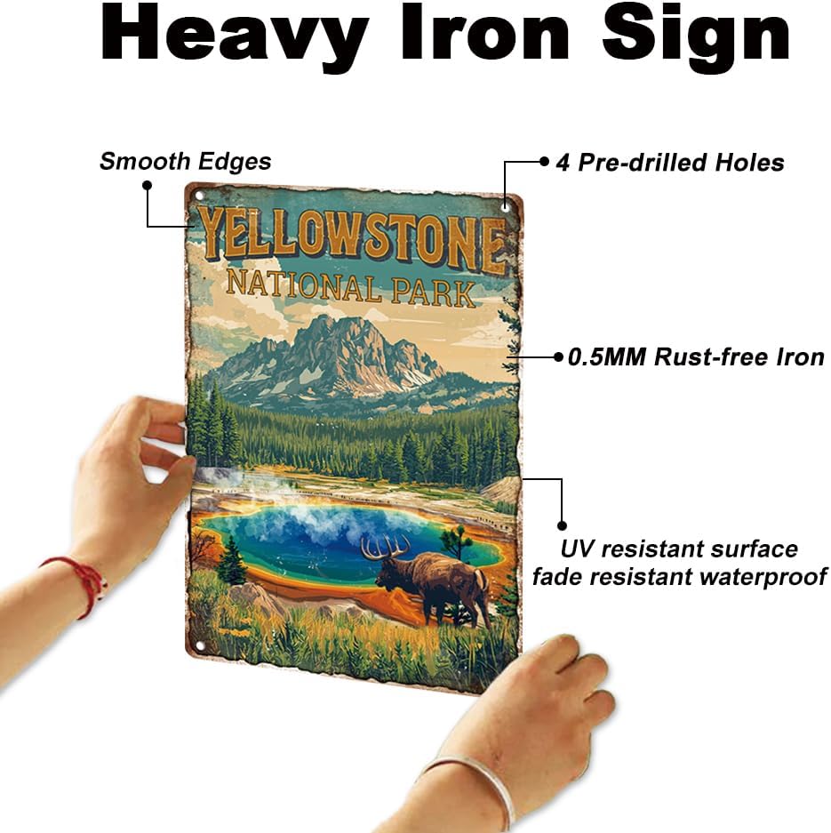 Yellowstone National Park Wall Art Decor Sign, Vintage Metal Tin Poster for Home Room Wall Decor Gift 8 x 12 Inch
