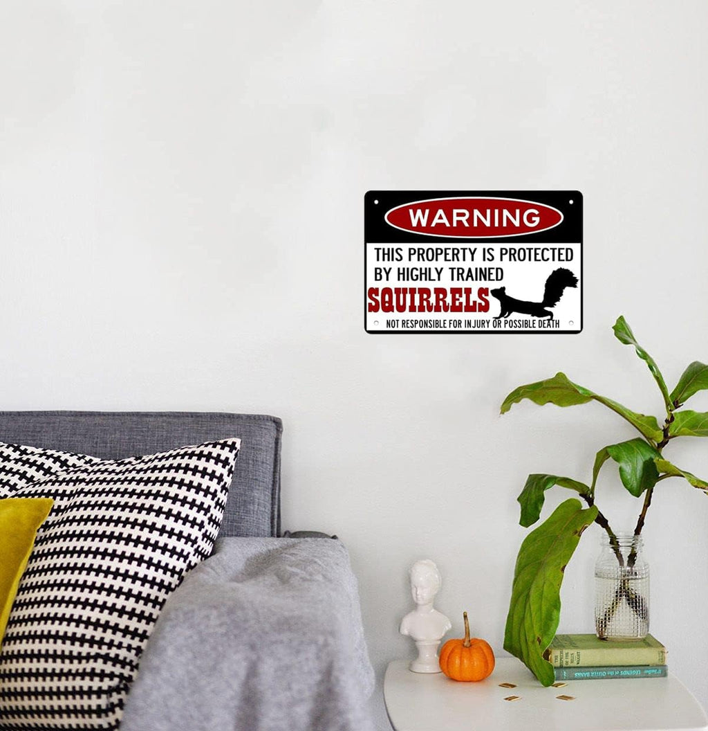 Squirrel Protected By Squirrels Warning Beware Of Squirrel Sign Funny Metal Tin Sign Aluminum Sign Poster Warning Signs For Pets Outside The Home 8x12 Inch, white black