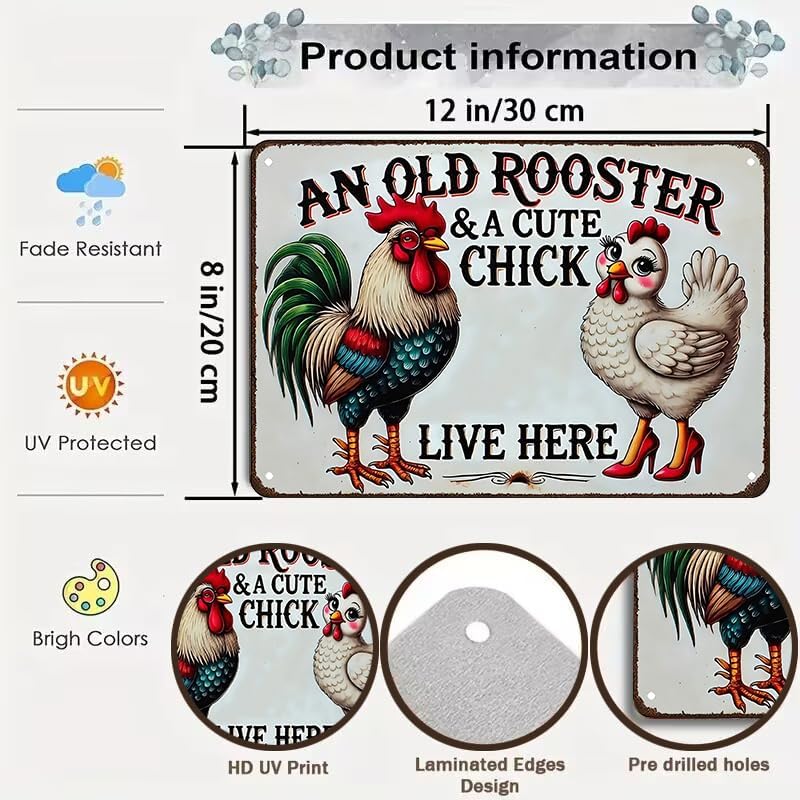 Smilelife Funny Gifts for Women Chicken Lovers Farm Enthusiasts An Old Rooster And A Cute Chick Live Here Chicken Tin Sign for Chicken Coop Farm Kitchen Garden Yard Decor 8 X 12 Inch (3821)