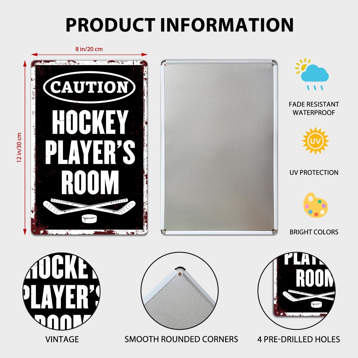 Hockey Gifts for Boys 8-12 Hocky Metal Sign Room Decor Vintage "Caution Hockey Player's Room" Tin Sign for Boys Room and Bedroom Man Cave Wall Art Sports Decor 8x12 Inch