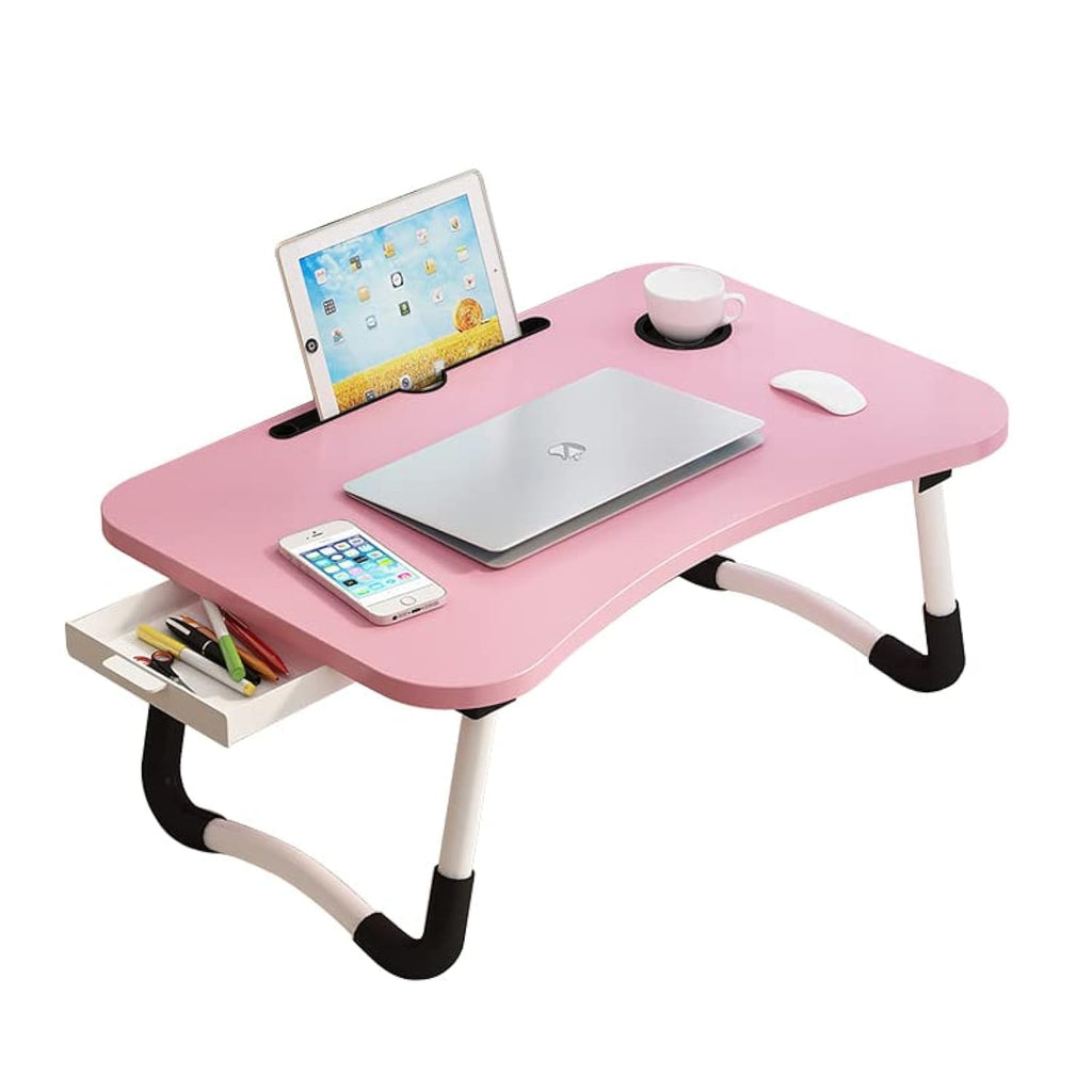 Home Office Lap Desk with Storage Drawer, Cup and Phone Holder, Laptop Bed Tray Table, 23.6" Foldable Desk, Laptop Stand for Breakfast, Working, Writing, Gaming and Drawing