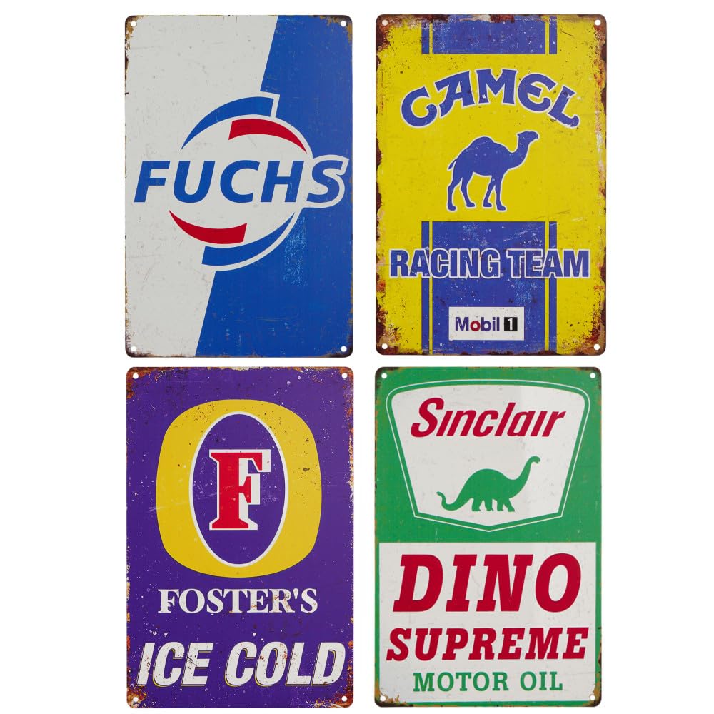 Vintage Tin Signs, Set of 5, Motor Oil and Automotive Advertisements, Metal, 8 x 12 Inches (Yellow)