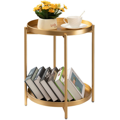 TeoKJ 2 Tier Gold Side Table, Folding Round Metal End Table Small Nightstand with Two Removable Tray for Bedroom Living Room Small Spaces Bedside Gold