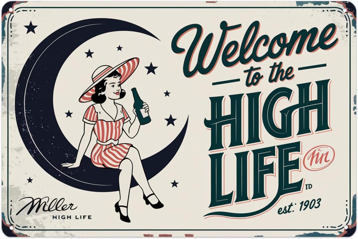 Vintage Miller High Life Girl Pin Up Metal Sign Retro Bar Decor Tin Sign Suitable for home bar, man cave, pub decoration 8 x 12, easy to hang