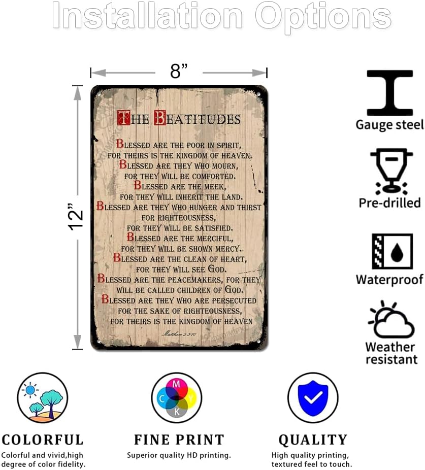 oxdimipxo Tin Sign the Beatitudes Wall Art Decor Scripture/Christian Plaques Decoration for Home/Office, Inspirational Verse Poster for Spiritual, Metal, 8 X 12 Inch