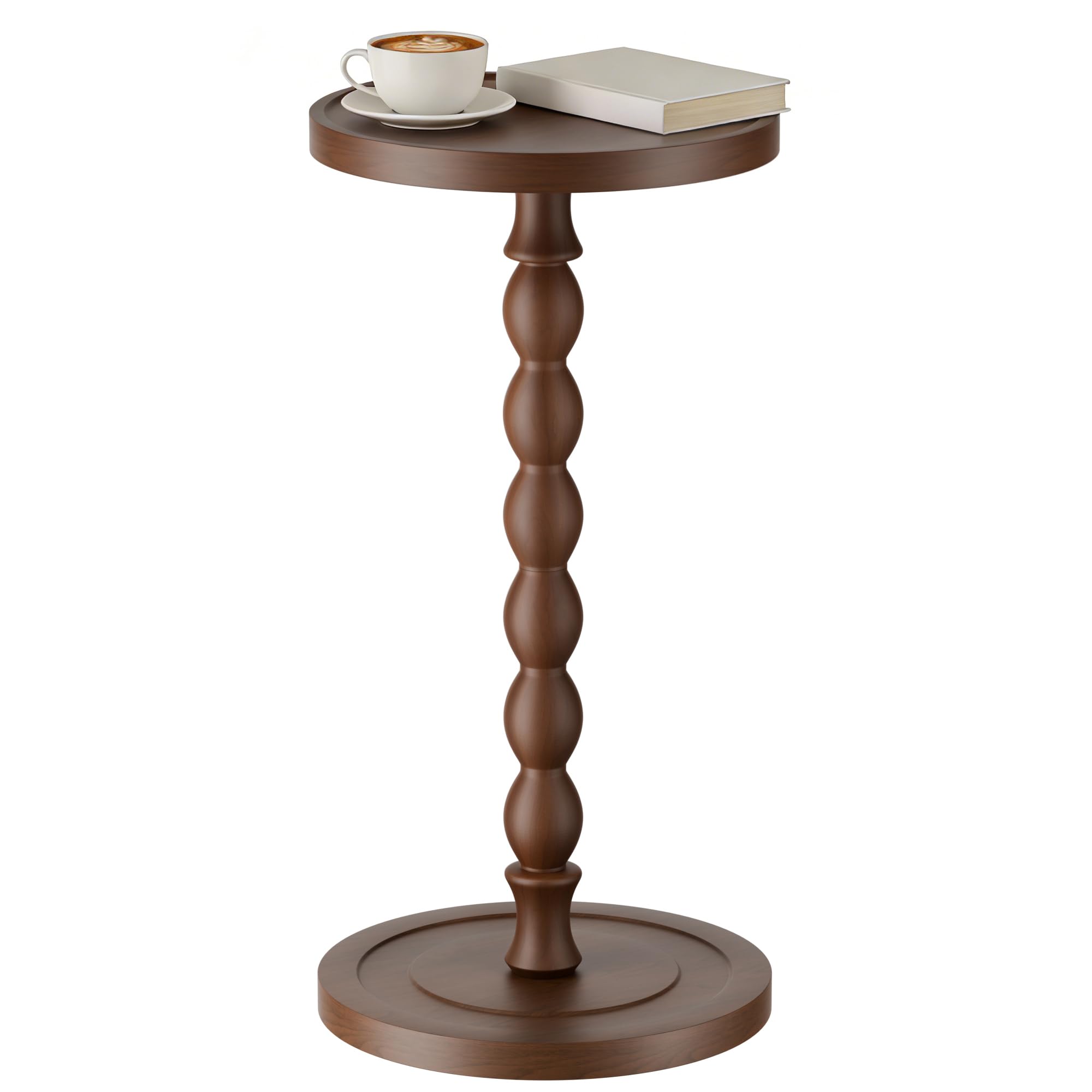 Small Side Table, Rubberwood‌ Drink Table for Small Spaces, Solid Wood Pedestal Coffee Tables, Round End Tables for Living Room, Sofa Couch, Bedroom, Corners, and Office (Brown, 9.4 inch)
