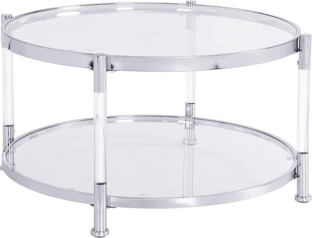Tempered Glass Round Coffee Table, 28" Modern Acrylic Legs Circle Center Table for Living Room