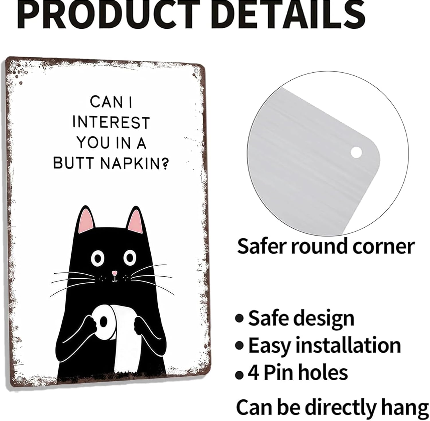 Funny Vintage Bathroom Wall Decor Metal Tin Sign, Cat Mom Gifts for Women, Retro Aluminum Wall Art for Cats Lover, "Can I Interest You In A Butt Napkin", Toilet Decoration Metal Sign 8x12in