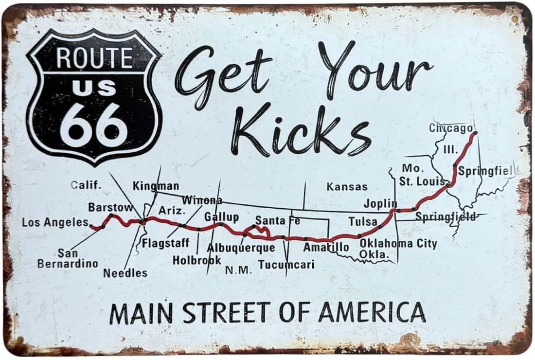 Route 66 Road Signs Vintage Metal Signs Vintage Room Decor Metal Sign Retro Road Sign Tin Decor Sign for Home, Room & Garage Wall Decoration 12× 8 Inches
