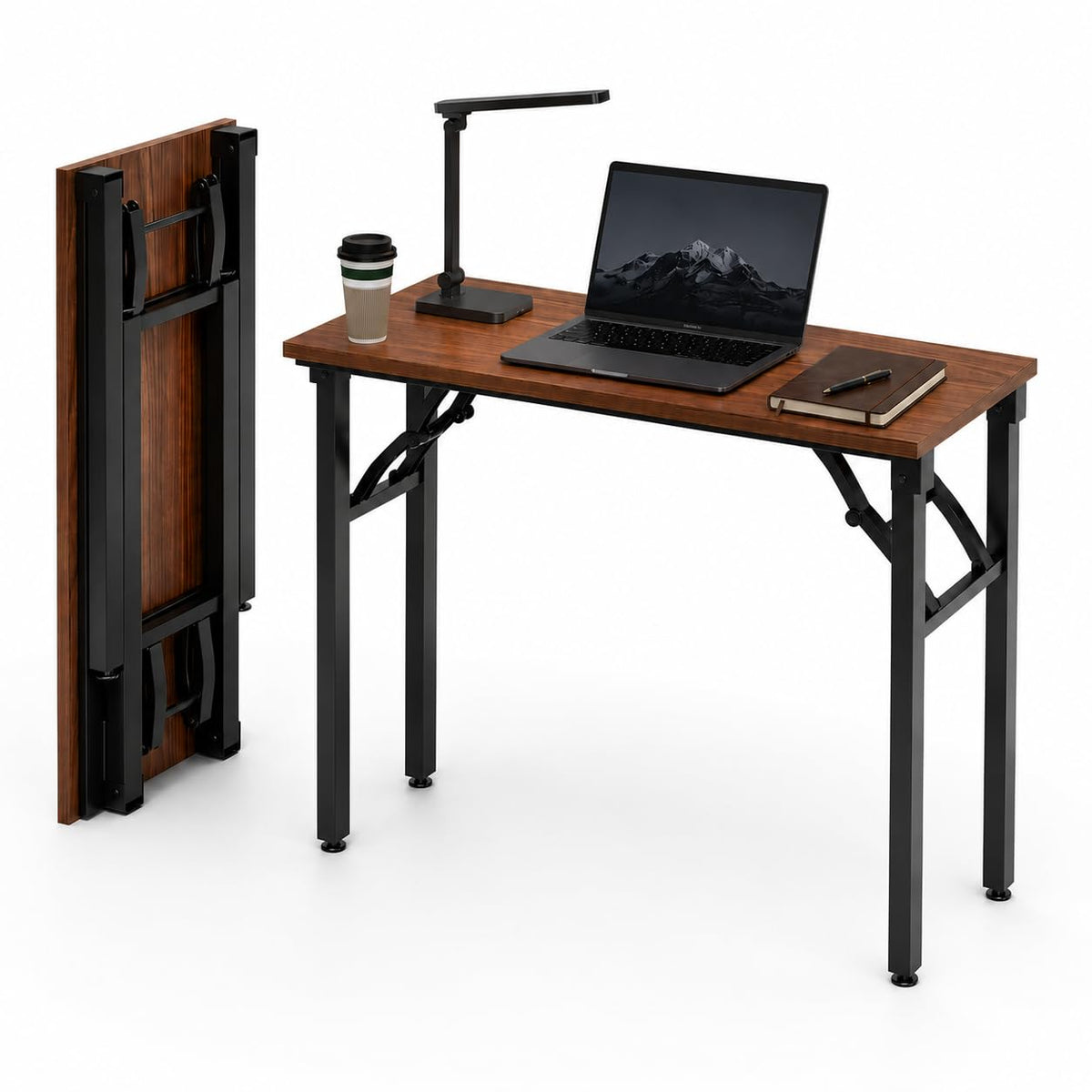 Frylr Small Folding Computer Desk – Portable 35.8 Inch Foldable Laptop Table, No-Assembly, Collapsible and Compact for Easy Storage, Lightweight for Small Spaces, Craft and Study Use, Dark Walnut